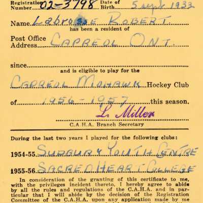 Hockey Player's Registration Certificate belonging to Robert Labrosse