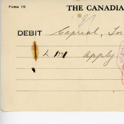 Debit Charge Slip to the Town of Capreol's Account, apply on loans, $300.00, 1937