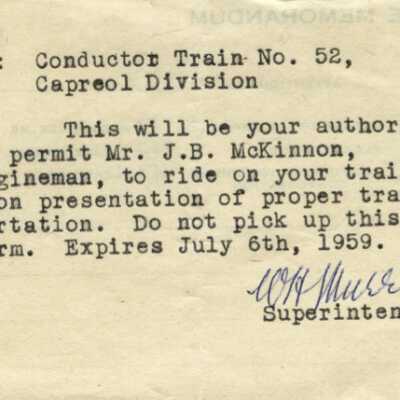 Letter from the Superintendent to the Conductor of Train No. 52, Allowing J. B. McKinnon to Ride