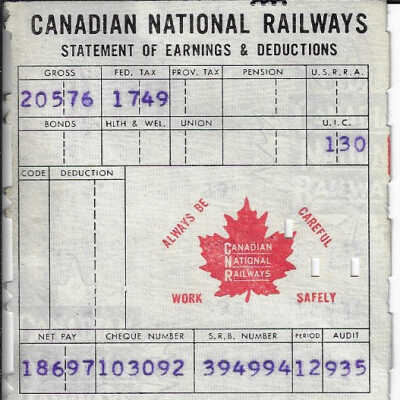Canadian National Statement of Earnings and Deductions belonging to Frank Mazzuca