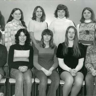 Photograph, Track and Field 1971-1972, Left to right, back row, Laurie Tagliabracci, Cathy Hanzel, Sandra Amiro, Karen Martin, Sharon Scott, Isabelle Prevost, Front Row, Mrs. N Dozzi, Jeanette Hodkinson, Lynn Sheffield, Laura Miles, Barbara Miles.