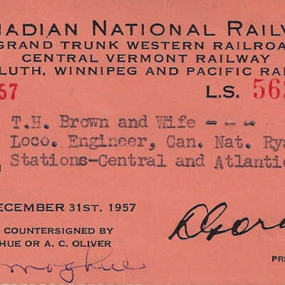 Canadian National: Stations in the Central and Atlantic Regions Pass, T. H. Brown and Wife, 1956