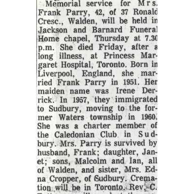 Document, Obituary, Irene Parry.