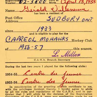 Hockey Player's Registration Certificate belonging to Gerald Villeneuve