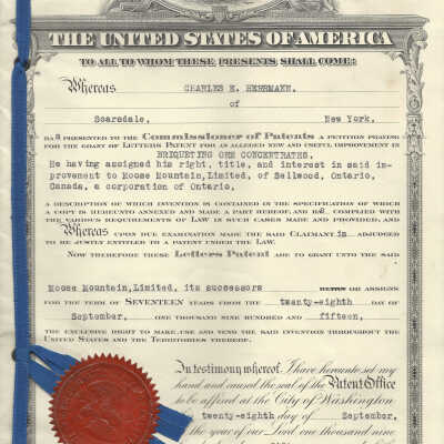 Patent Documents, United States Patent Office. Charles E. Herrmann. "New and Useful Improvements for Briqueting Ore Concentrates". Exclusive Rights Granted to Moose Mountains Ltd., of Sellwood ON. 28th September 1915. Patent No. 1155311