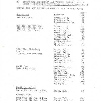 Document, CN Rail Office of Assistant Superintendent, Engine Crew Assignments At Capreol as of June 1, 1980.