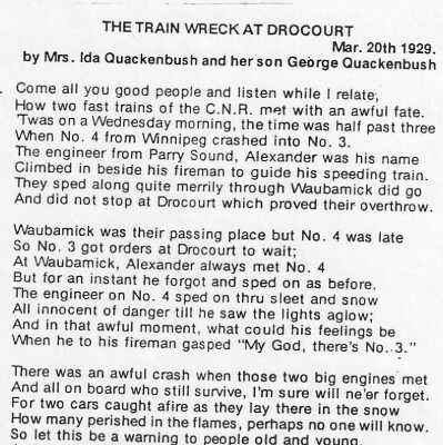 Poem, "The Train Wreck at Drocourt" March 20th 1929, by Mrs Ida Quackenbush and George Quackenbush