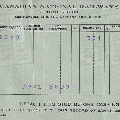 Canadian National Statement of Earnings and Deductions belonging to Frank Mazzuca