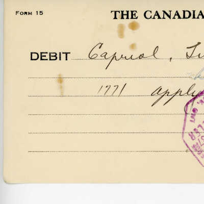 Debit Charge Slip to the Town of Capreol's Account, apply on loans, $400.00, 1937