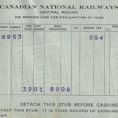 Canadian National Statement of Earnings and Deductions belonging to Frank Mazzuca
