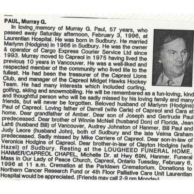 Document, Obituary, Murray G. Paul.