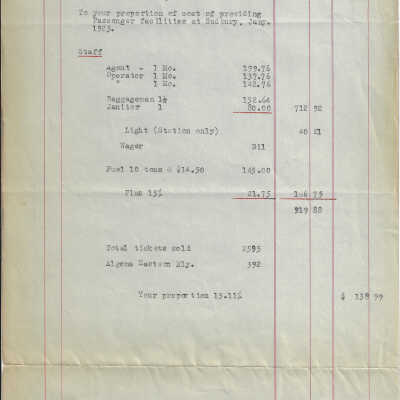 Canadian National Railways: Expense form from the Algoma Eastern Railway: Cost of Providing Passenger Facilities at Sudbury (3 of 4)