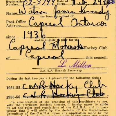 Hockey Player's Registration Certificate belonging to Watson James Kennedy