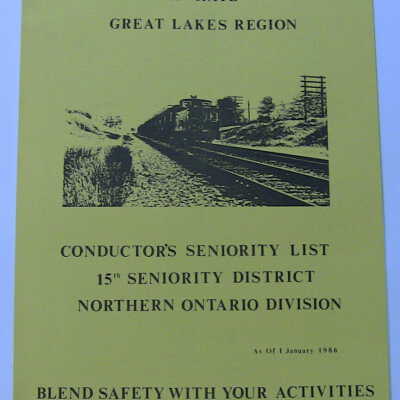 CN Rail Great Lakes Region Conductor's Seniority List, 15th Seniority District, Northern Ontario Division, January 1986