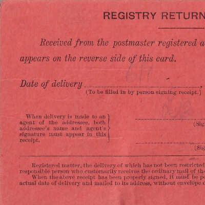 Registered Article Post Receipt, 39293, L.B. Miller, Cleveland Ohio June 01 1914
