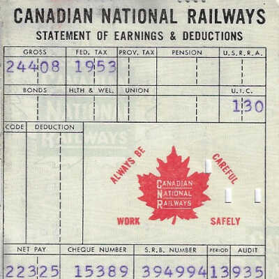 Canadian National Statement of Earnings and Deductions Belonging to Frank Mazzuca