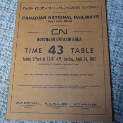 Canadian National Railways Timetable Northern Ontario 43 April 24 1966