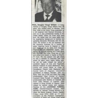Document, Obituary, Douglas William Paul.