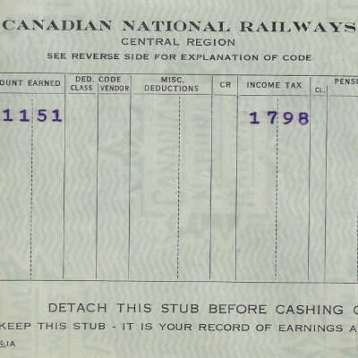 Canadian National Statement of Earnings and Deductions belonging to Frank Mazzuca