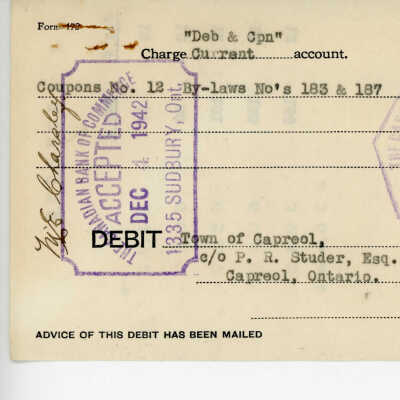 Debit Charge Slip to the Town of Capreol's Account,Coupons No. 12 - By-Laws Nos. 183 &187, $236.44, 1942