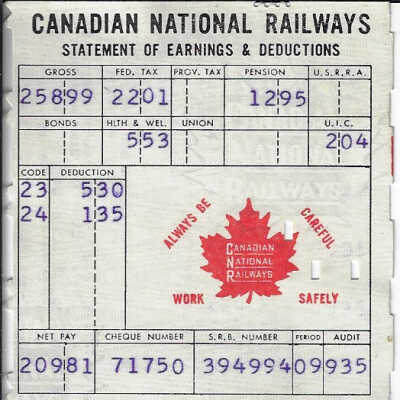 Canadian National Statement of Earnings and Deductions belonging to Frank Mazzuca