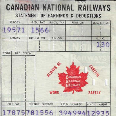 Canadian National Statement of Earnings Belonging to Frank Mazzuca