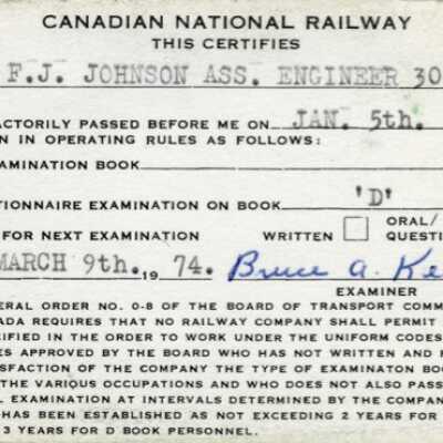 Canadian National: Rules Instruction Exam Certificate Issued to F. J. Johnson, an Assistant Engineer, 1972