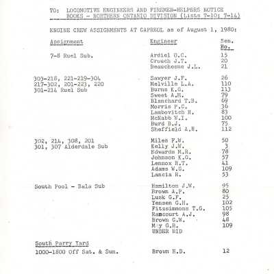 Document, CN Rail Office of Assistant Superintendent, Engine Crew Assignments At Capreol as of June 1, 1980.