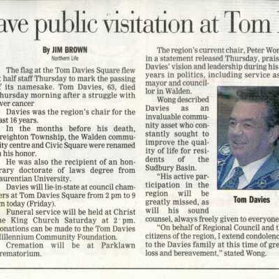 Document, Politican to have public visitation at Tom Davies Square.