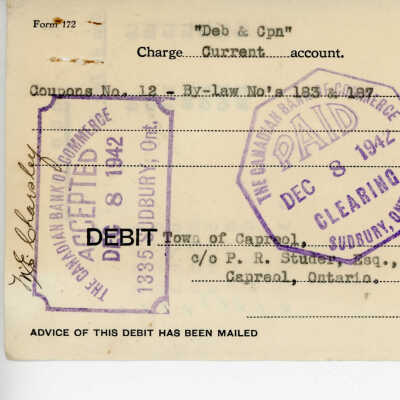 Debit Charge Slip to the Town of Capreol's Account,Coupons No. 12 - By-Laws Nos. 183 &187, $339.00, 1942