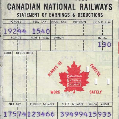 Canadian National Statement of Earnings and Deductions Belonging to Frank Mazzuca