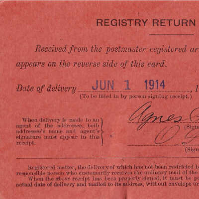 Registered Article Post Receipt, 39276, Agnes Patter Hutchins, Chicago Illinois June 01 1914