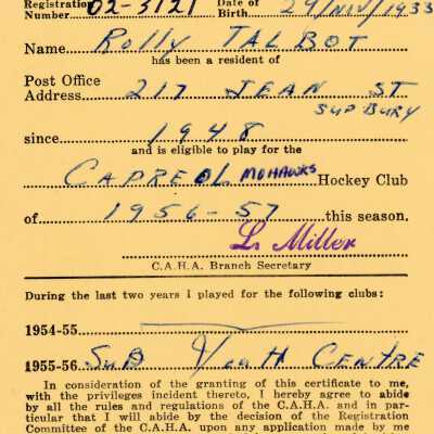 Hockey Player's Registration Certificate belonging to Rolly Talbot
