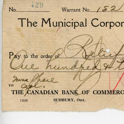 Cheque Written to the Municipal Corporation of the Town of Capreol, 1939 of Donna Hare