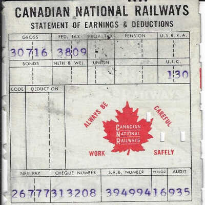 Canadian National Statement of Earnings and Deductions belonging to Frank Mazzuca