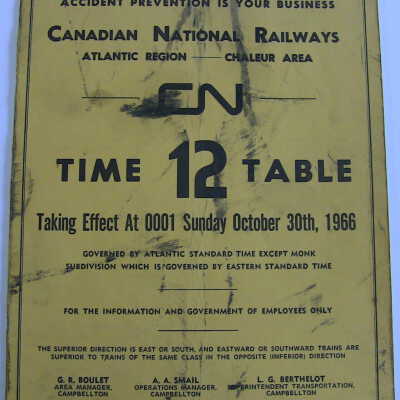 Canadian National Railway, Atlantic Region Timetable 12, Effective Sunday, October 30, 1966