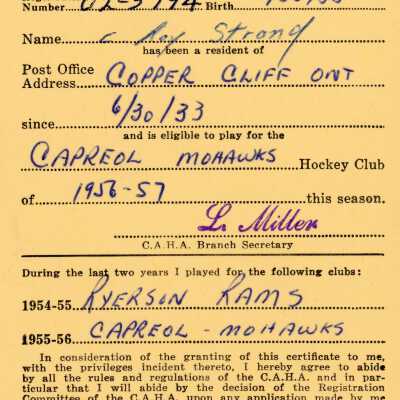 Hockey Player's Registration Certificate belonging to C. Roy Strong