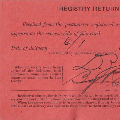 Registered Article Post Receipt, 39281, D.J. Norton, Cleveland Ohio June 01 1914