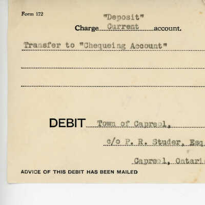 Debit Charge Slip to the Town of Capreol's Account, transfer to chequing, $3,000.00, 1942