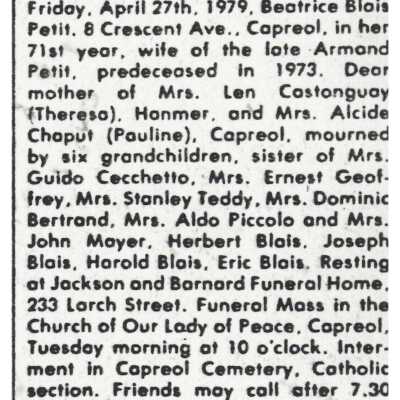 Document, Obituary, Beatrice Blais Petit.