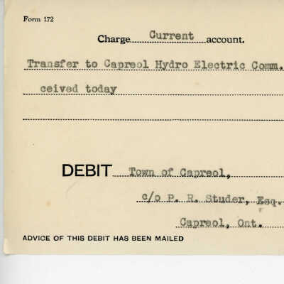 Debit Charge Slip to the Town of Capreol's Account, transfer to Capreol Hydro Electrical, $3,000.00, 1942