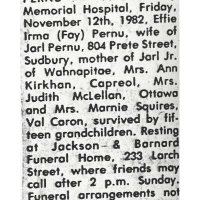 Document, Obituary, Effie Irma Pernu.