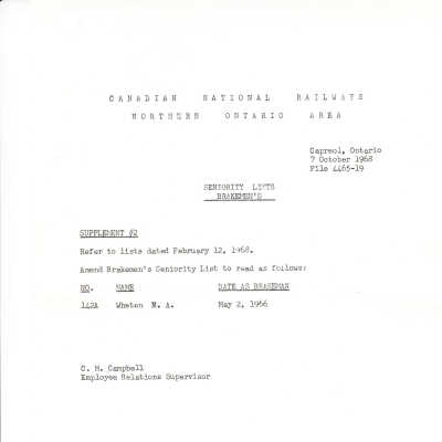 CN Rail- Brakemen's Seniority List, 15th Seniority District, Northern Ontario Division, February 12 - 1968