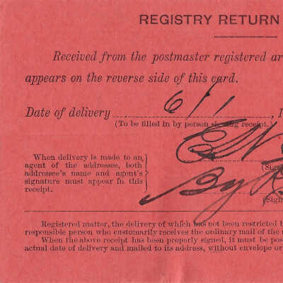 Registered Article Post Receipt, 39280, Cleveland Ohio June 01 1914
