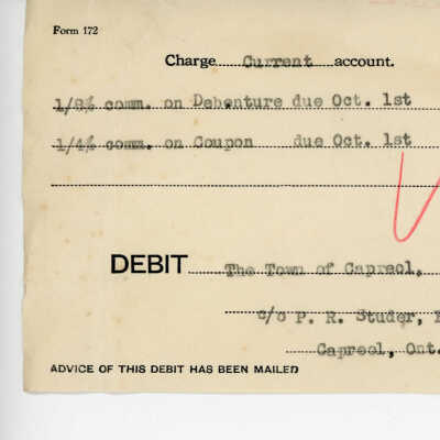 Debit Charge Slip to the Town of Capreol's Account, 1/8% commission on Debenture, 1.4% commission on coupon $6.74, 1942