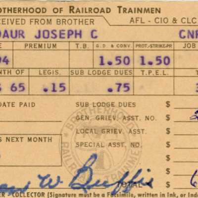Brotherhood of Railroad Trainmen Lodge 894, Receipt for Dues, Joseph C. Gaudaur, August 1965