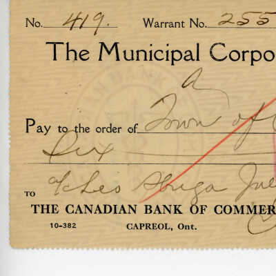Cheque written to the Municipal Corporation of the Town of Capreol, 1935: of Leo Huga July