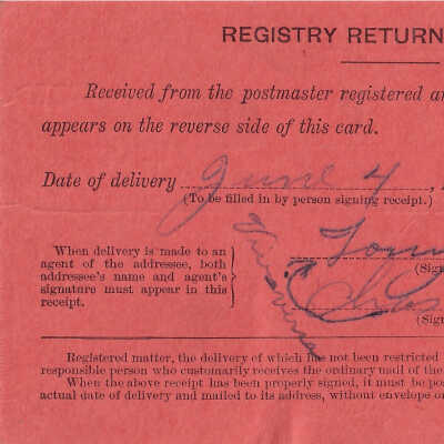 Registered Article Post Receipt, 39278, Sault Sainte Marie, Michigan, June 04 1913