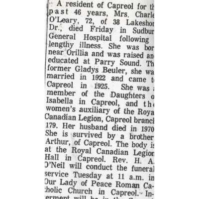 Document, Obituary, Gladys O'Leary.