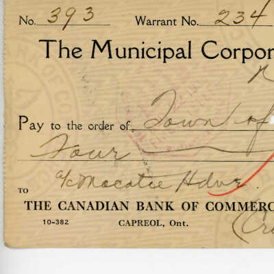 Cheque written to the Municipal Corporation of the Town of Capreol, 1935: from MacAtee House
